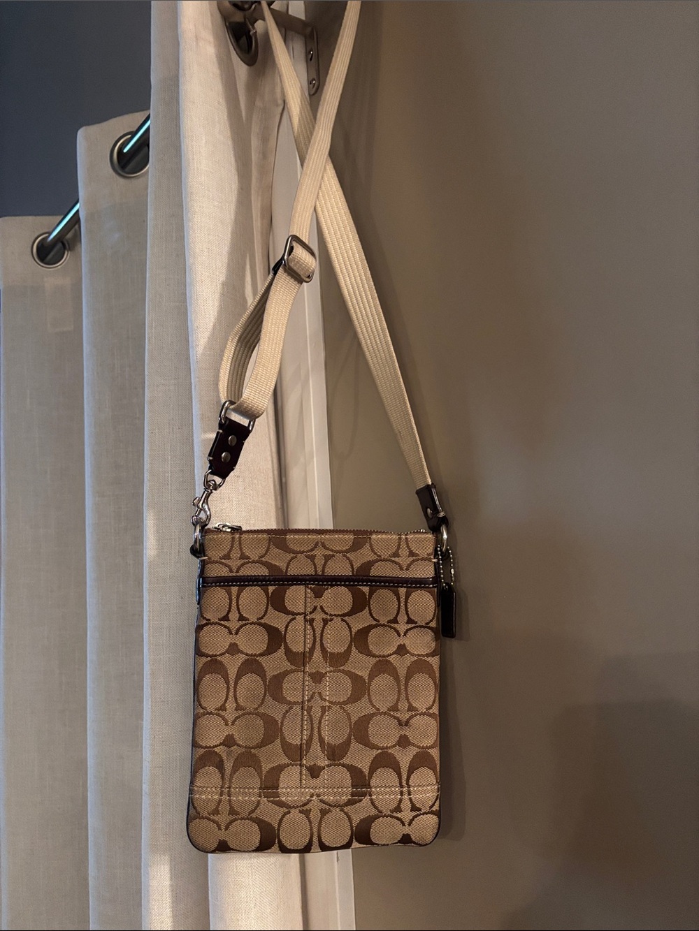 Coach Brown Signature Canvas Mini Crossbody with Cream Strap - Picture 3 of 6
